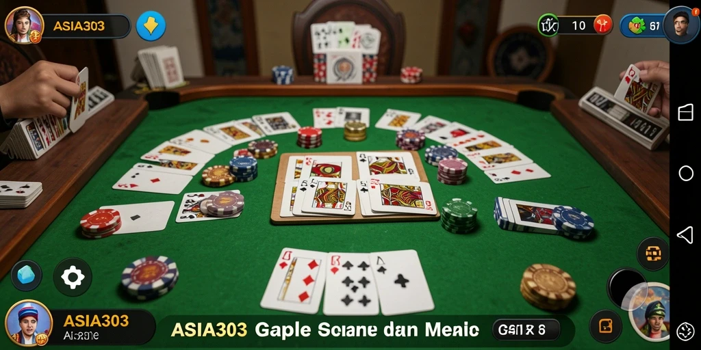 Screenshot ASIA303 yang menunjukkan gameplay Gaple yang menyenangkan.