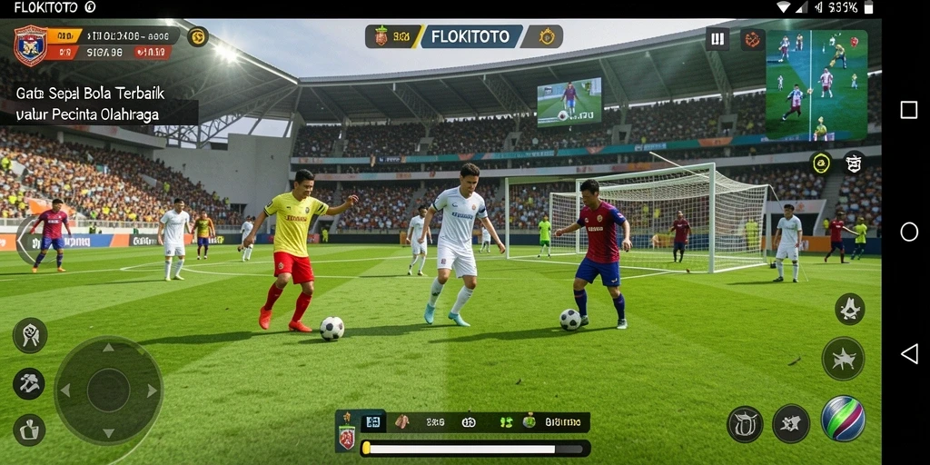 Tangkapan layar dari gameplay FLOKITOTO yang menampilkan pertandingan sepak bola yang intens.